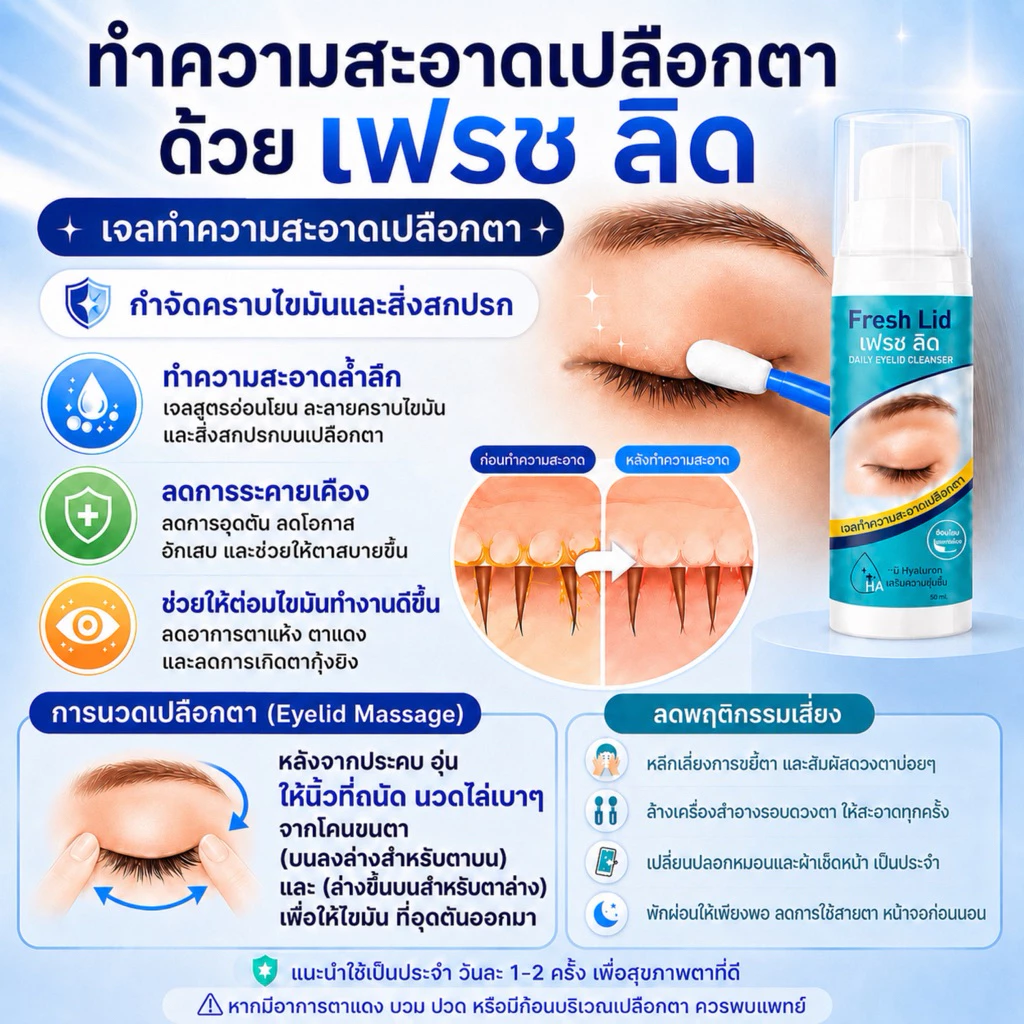 ประโยชน์ของการทำความสะอาดเปลือกตาด้วย Fresh Lid และวิธีนวดเปลือกตา